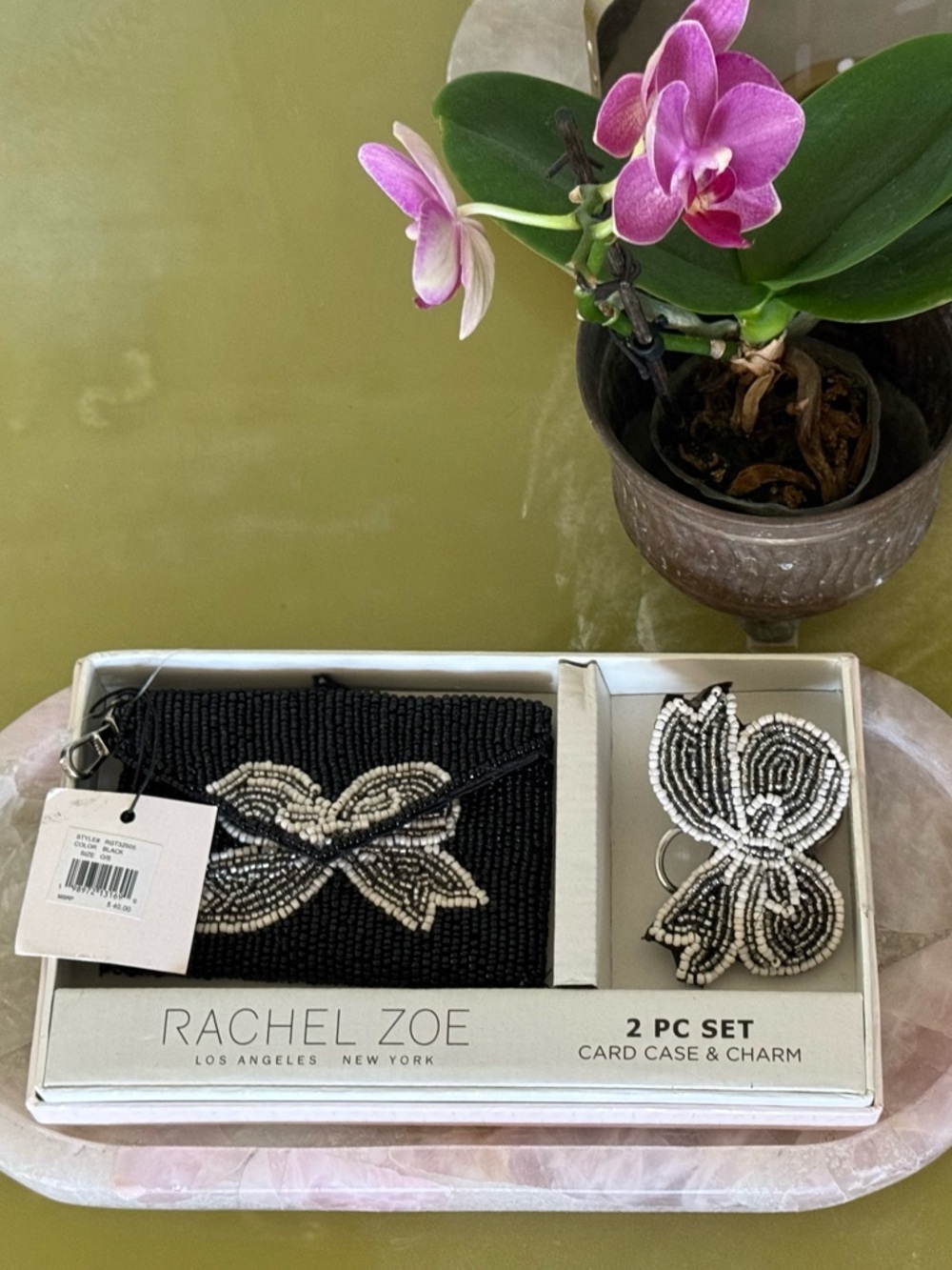 Rachel Zoe Beaded Black & White Bow Card Case + Charm Set